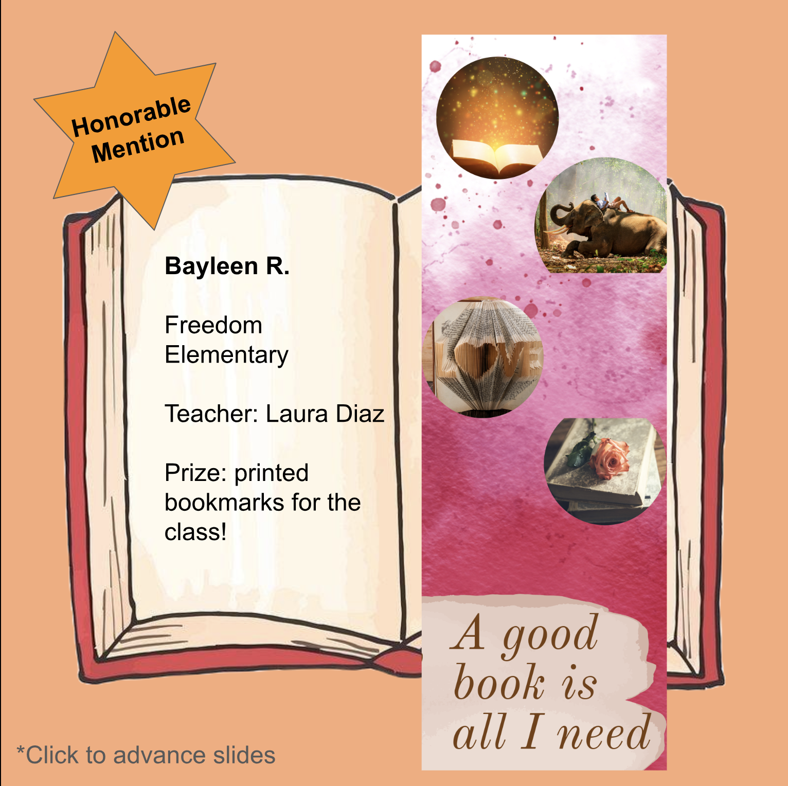 Bayleen R. from Ms. Laura Diaz's class got an Honorable Mention for the district's Bookmark Design Challenge